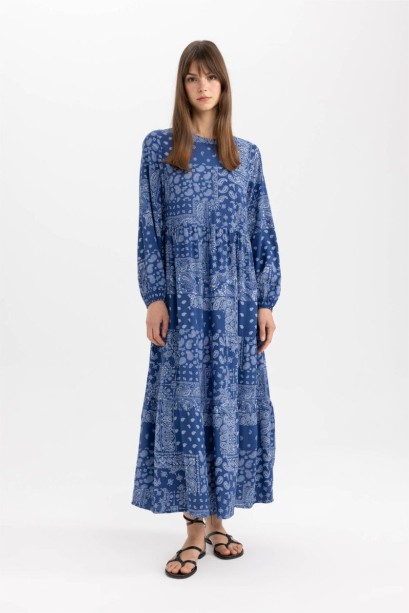 FEMME Indigo Robe Tissée À Manches Longues Imprimé Col arrondi