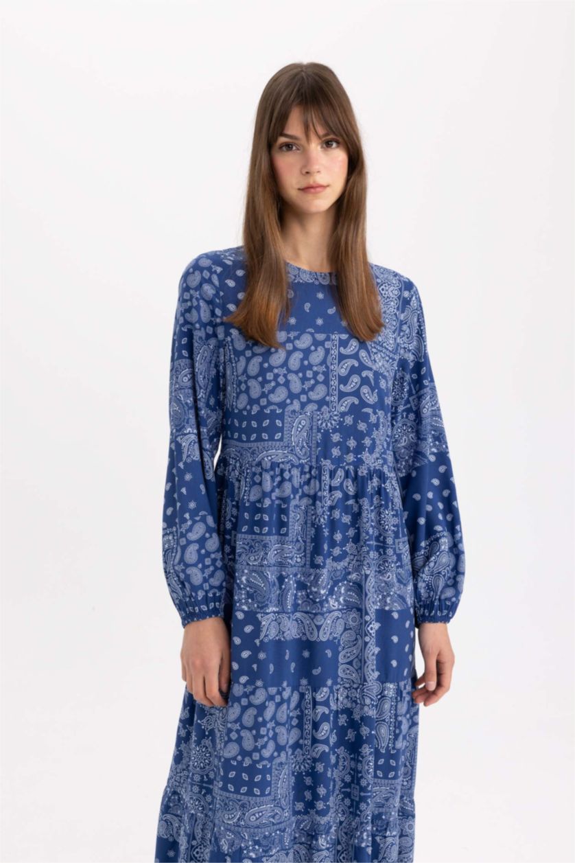 FEMME Indigo Robe Tissée À Manches Longues Imprimé Col arrondi