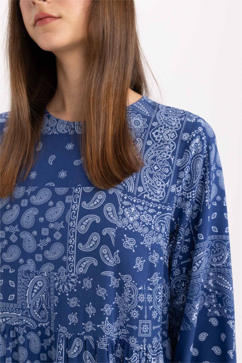 FEMME Indigo Robe Tissée À Manches Longues Imprimé Col arrondi