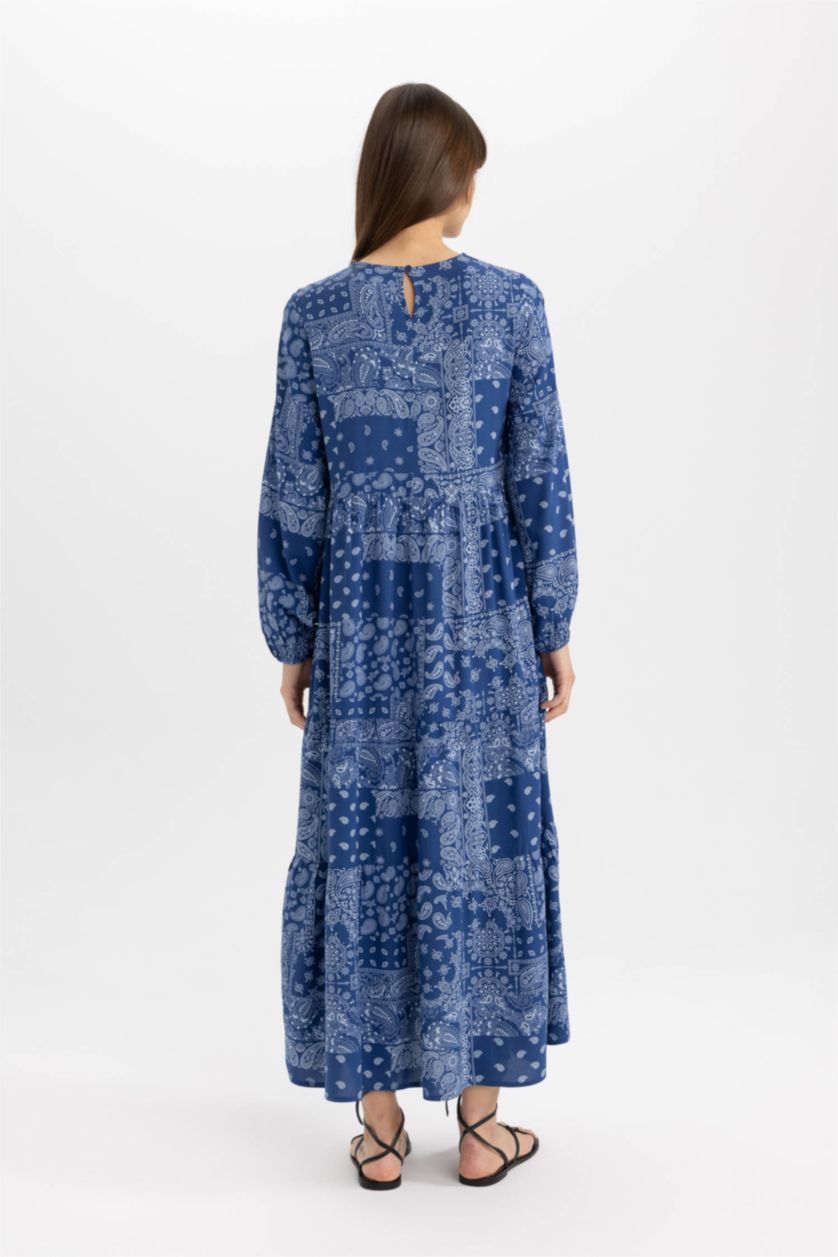 FEMME Indigo Robe Tissée À Manches Longues Imprimé Col arrondi