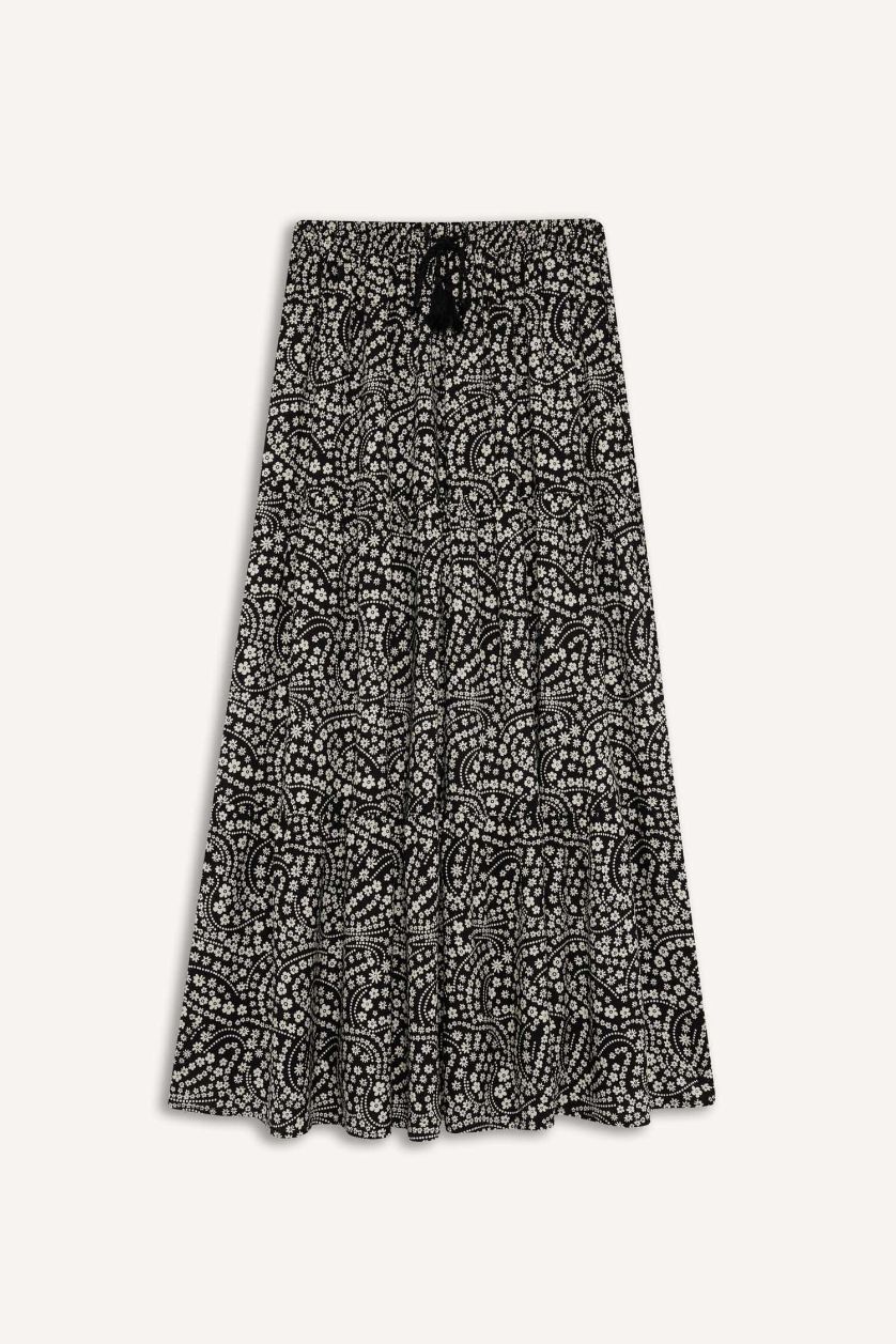 Kadın Siyah Beli Lastikli Desenli Kiloş Maxi Etek