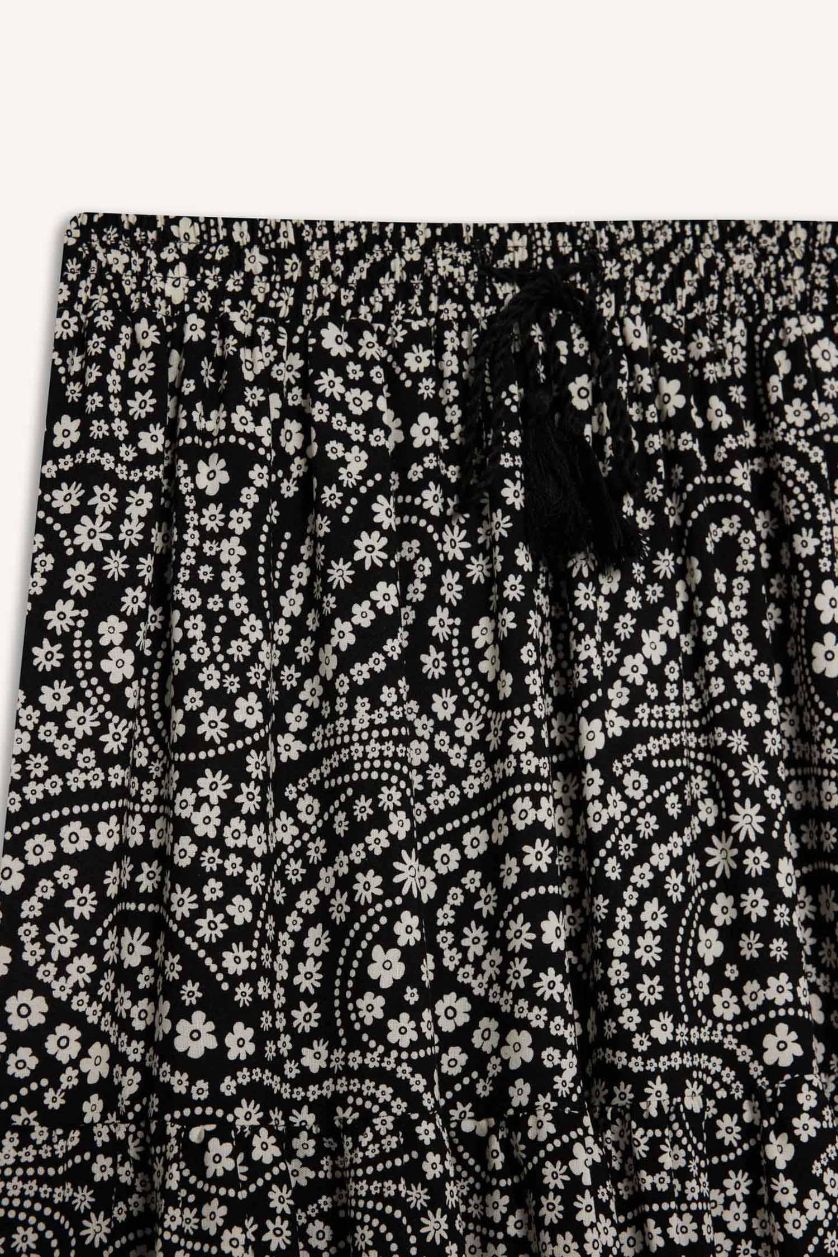 Kadın Siyah Beli Lastikli Desenli Kiloş Maxi Etek