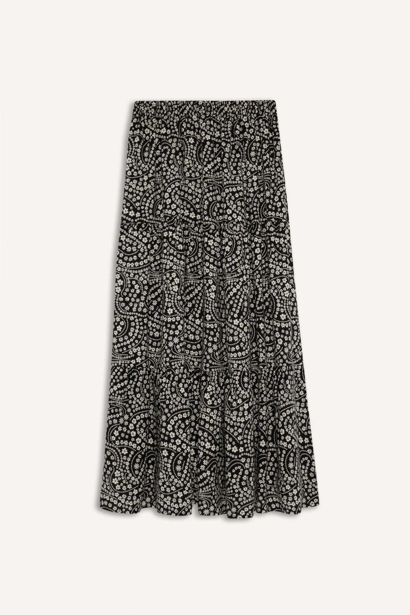 Kadın Siyah Beli Lastikli Desenli Kiloş Maxi Etek