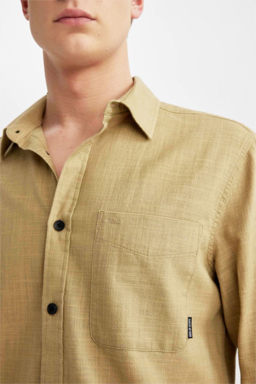 Erkek Bej Regular Fit Pamuklu Cepli Uzun Kollu Gömlek