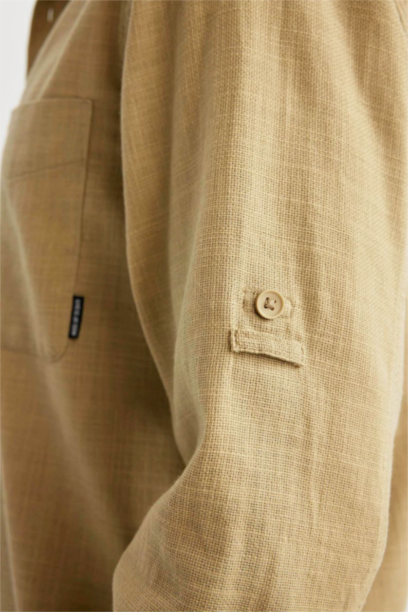 Erkek Bej Regular Fit Pamuklu Cepli Uzun Kollu Gömlek