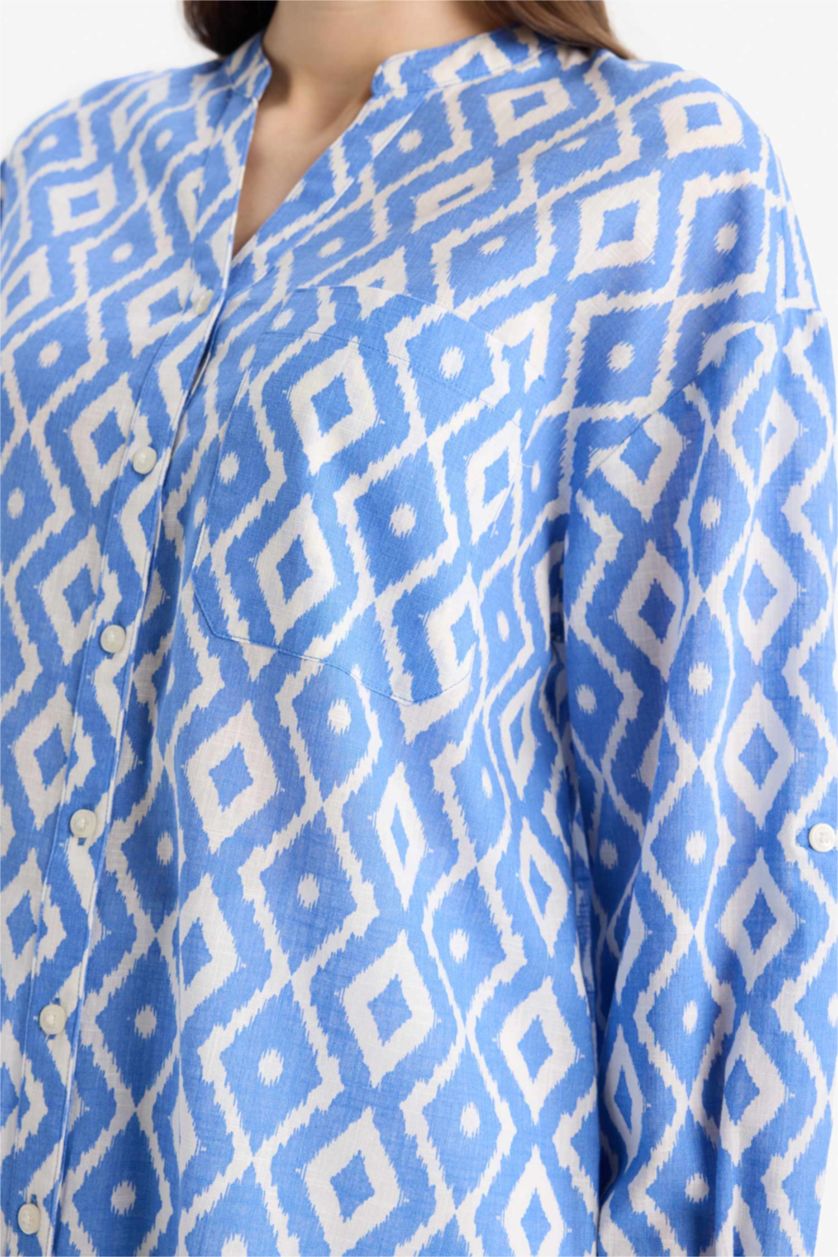 نساء أزرق قميص كم طويل مطبوعة قصة مريحة