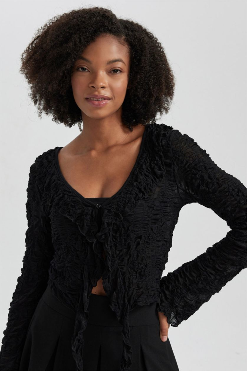 WOMAN Black Slim Fit V-Neck Lace Long Sleeve T-Shirt