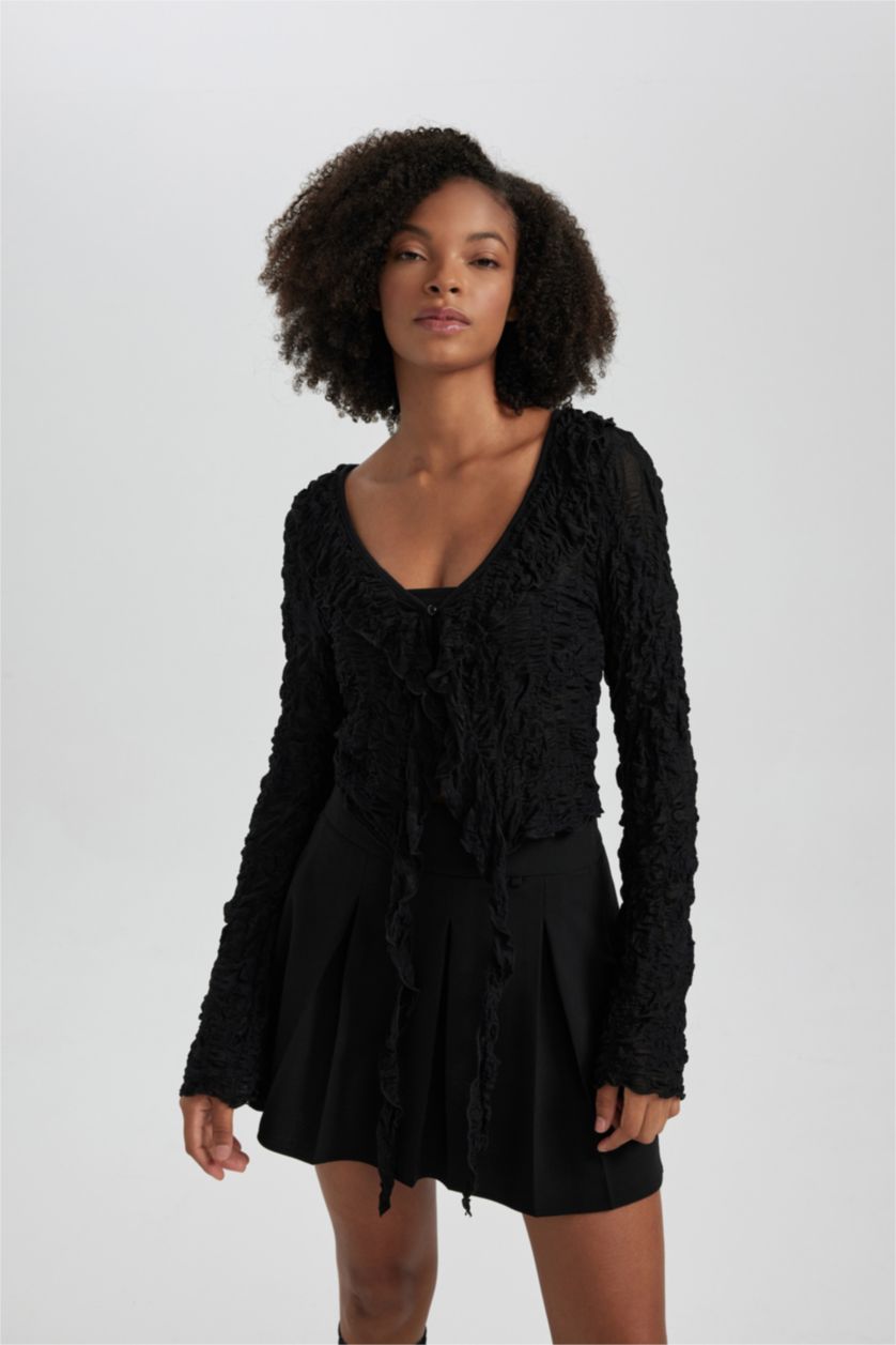 WOMAN Black Slim Fit V-Neck Lace Long Sleeve T-Shirt