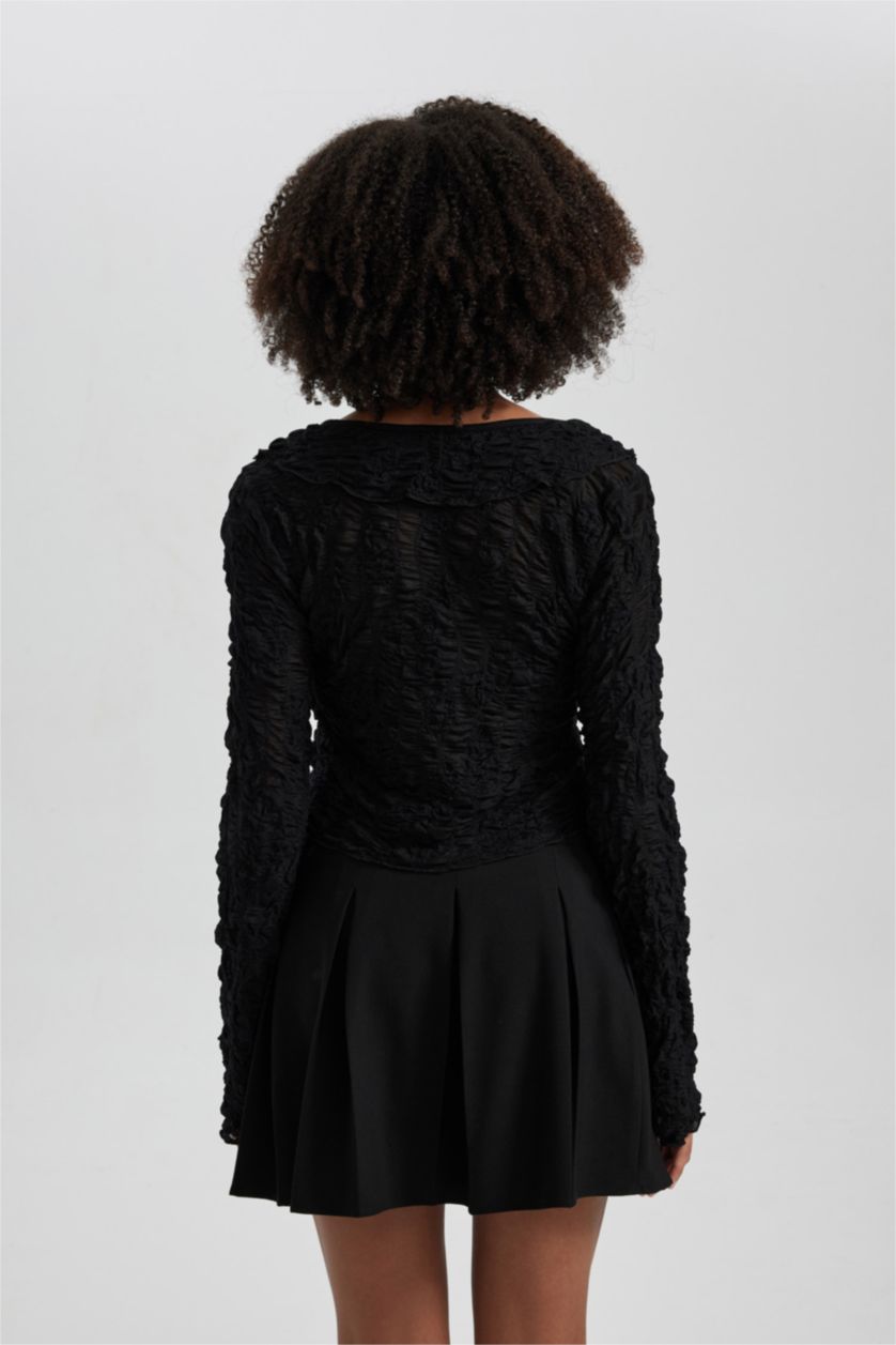 WOMAN Black Slim Fit V-Neck Lace Long Sleeve T-Shirt