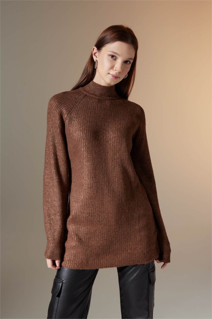 WOMAN Light Brown Regular Fit Half Turtleneck Basic Knitted Pullover Tunic