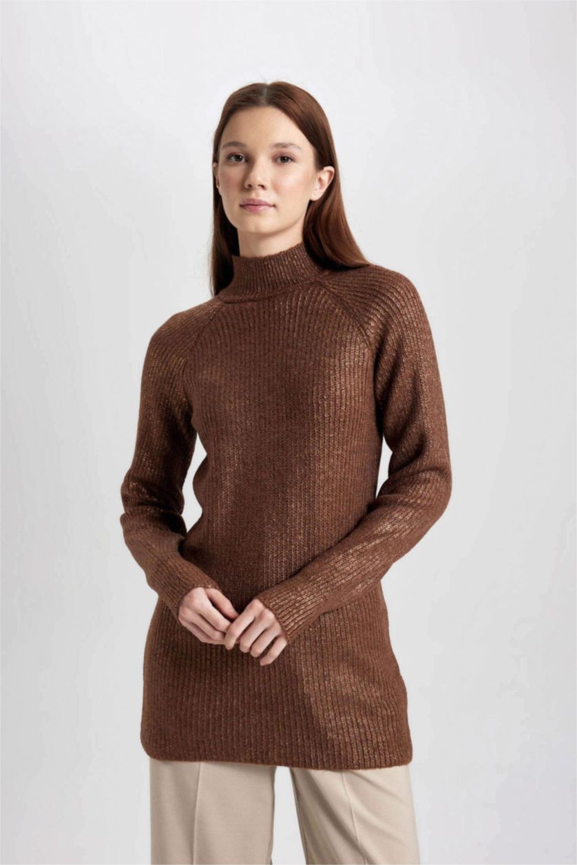 WOMAN Light Brown Regular Fit Half Turtleneck Basic Knitted Pullover Tunic