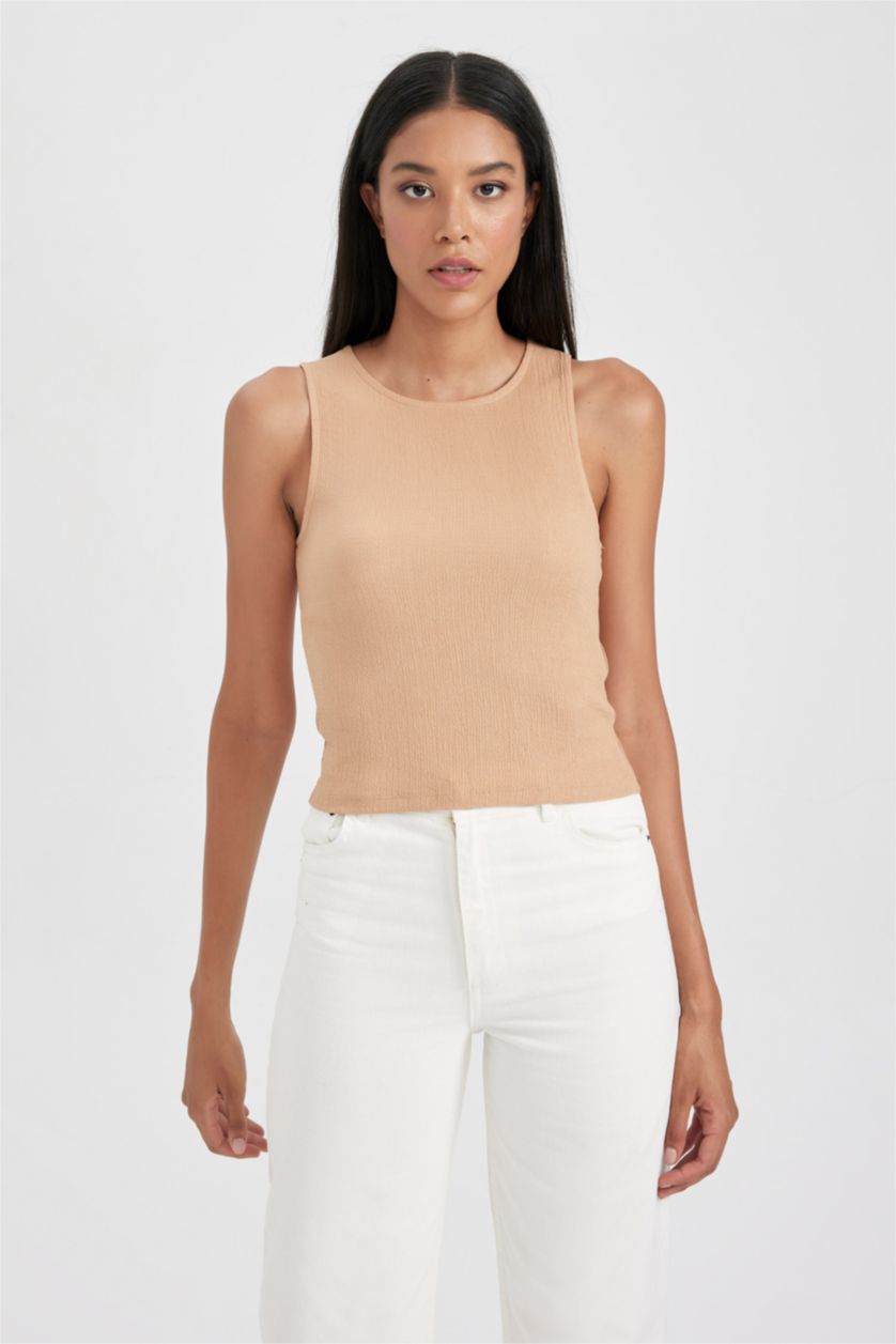 WOMAN Beige Slim Fit Sleeveless T-Shirt