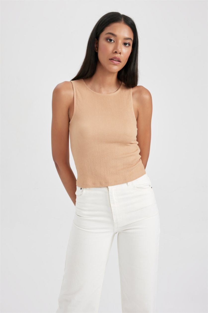 WOMAN Beige Slim Fit Sleeveless T-Shirt