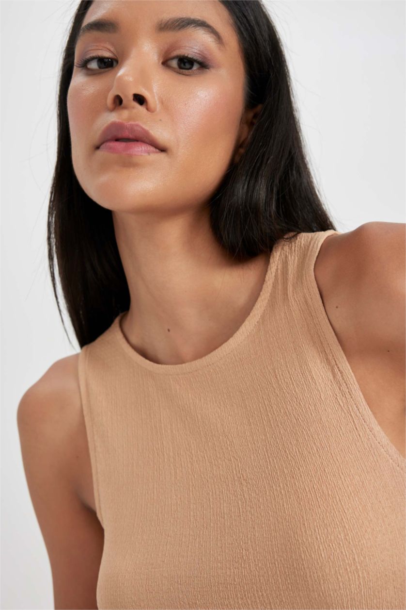 WOMAN Beige Slim Fit Sleeveless T-Shirt