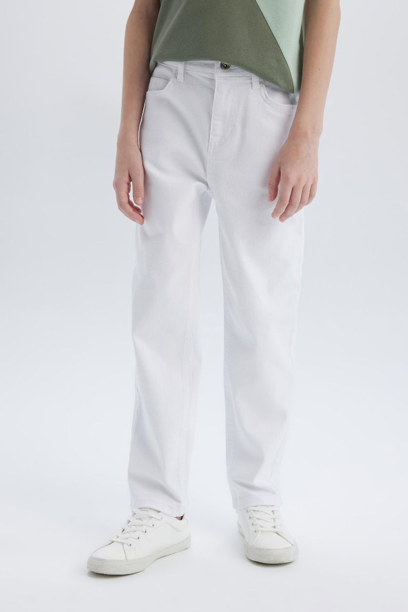Erkek Çocuk - Genç Erkek Kırık Beyaz Straight Fit Düz Paça Basic Düz Jean Pantolon Erkek Çocuk