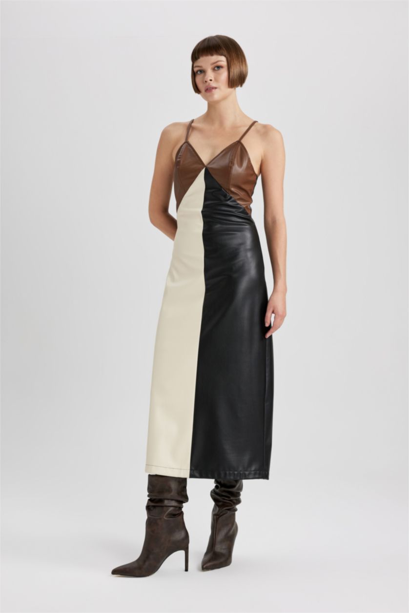 Kadın Kahve Slip V Yaka Suni Deri Midi Askılı Elbise