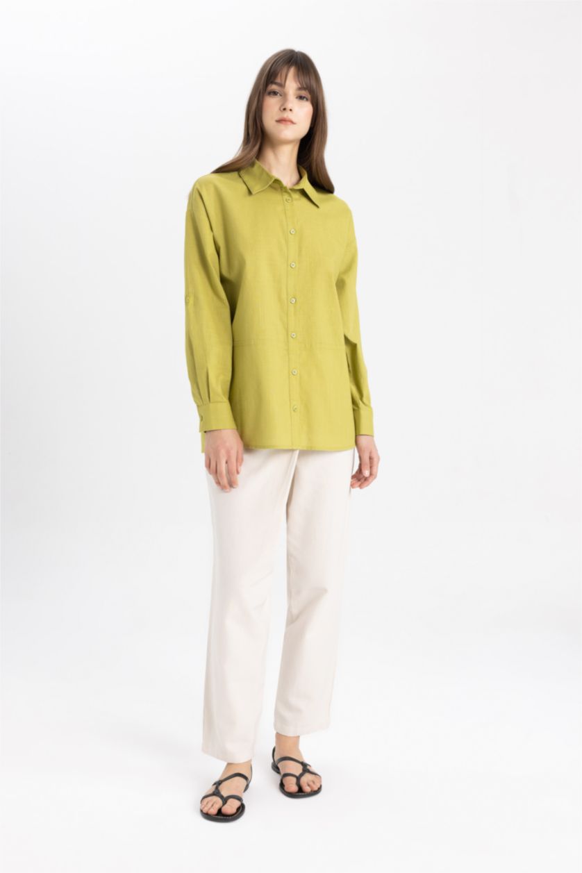 FEMME Vert Chemise Tunique Coton Flammé Coupe Relax à Manches Longues