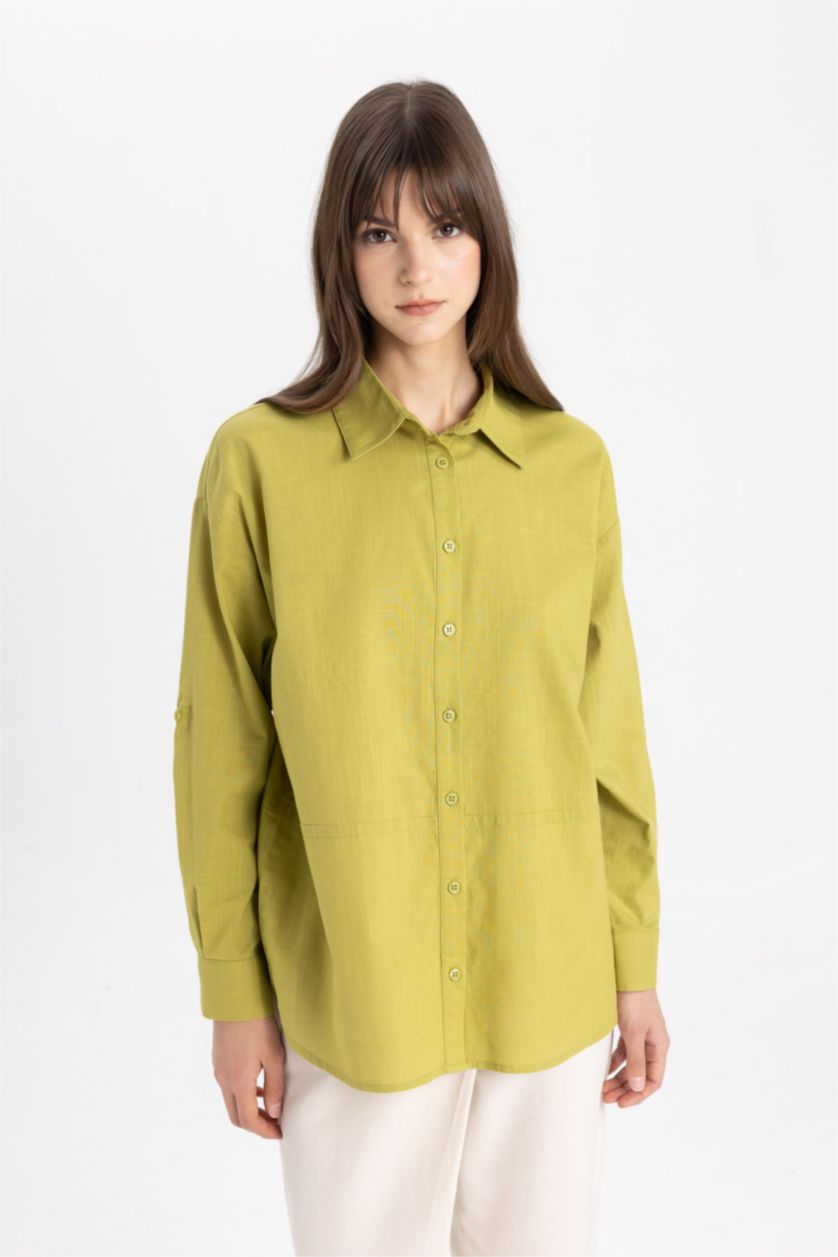 FEMME Vert Chemise Tunique Coton Flammé Coupe Relax à Manches Longues