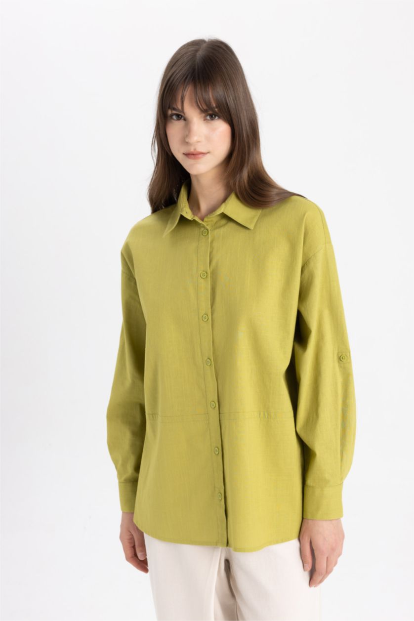 FEMME Vert Chemise Tunique Coton Flammé Coupe Relax à Manches Longues