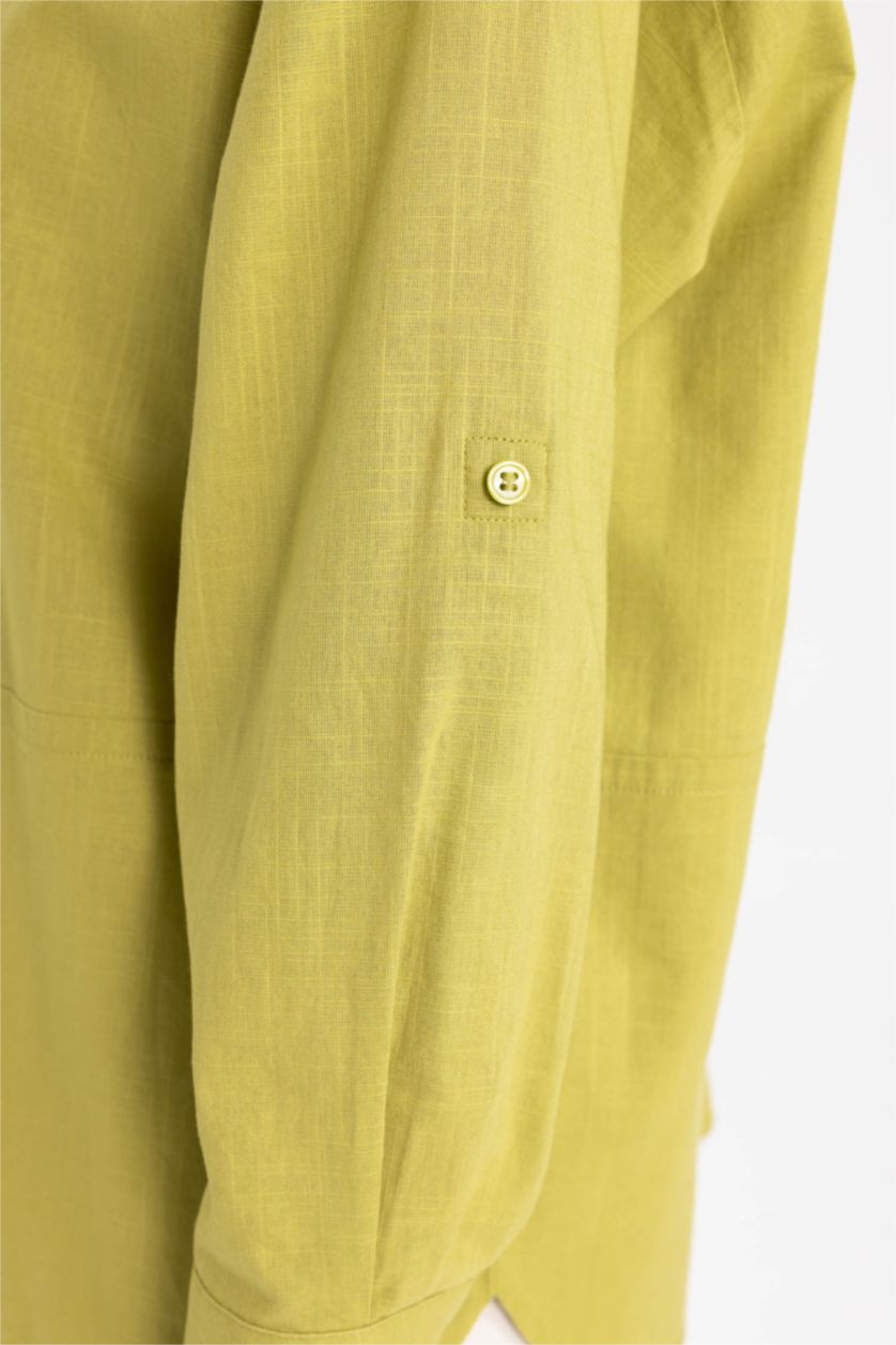 FEMME Vert Chemise Tunique Coton Flammé Coupe Relax à Manches Longues