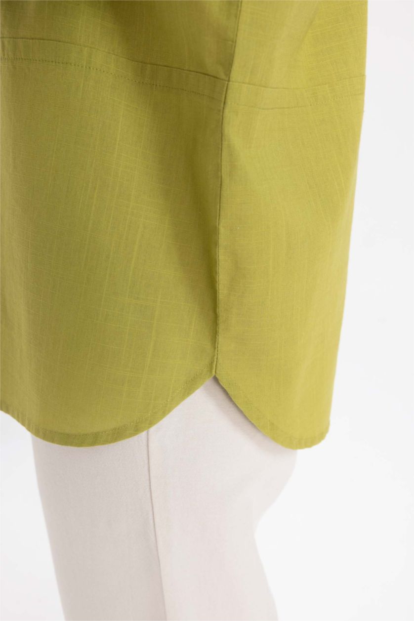 FEMME Vert Chemise Tunique Coton Flammé Coupe Relax à Manches Longues