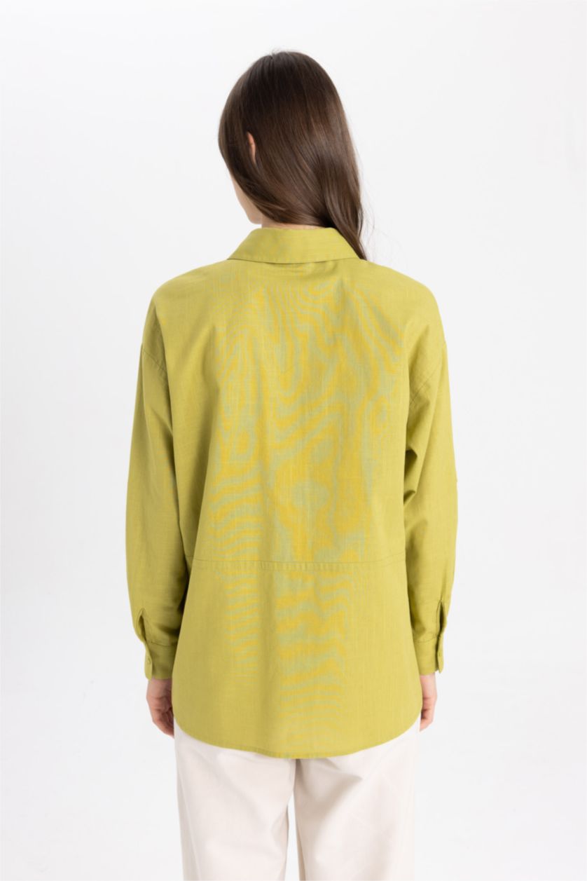 FEMME Vert Chemise Tunique Coton Flammé Coupe Relax à Manches Longues