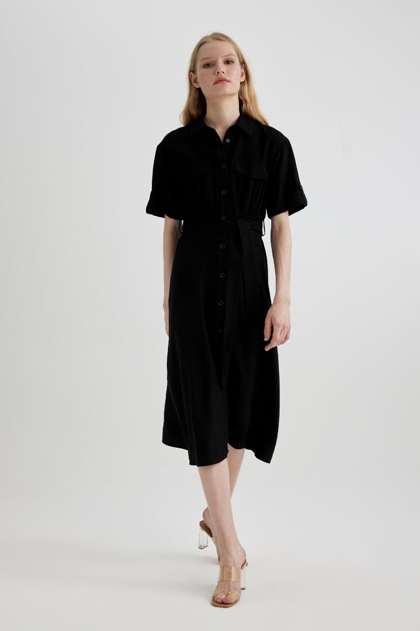 WOMAN Black Shirt Collar Short Sleeve Midi Dress