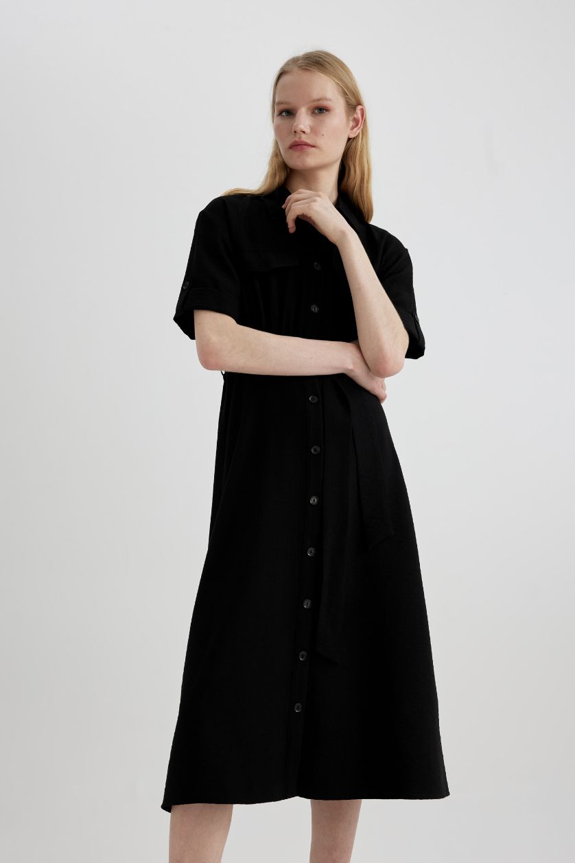 WOMAN Black Shirt Collar Short Sleeve Midi Dress