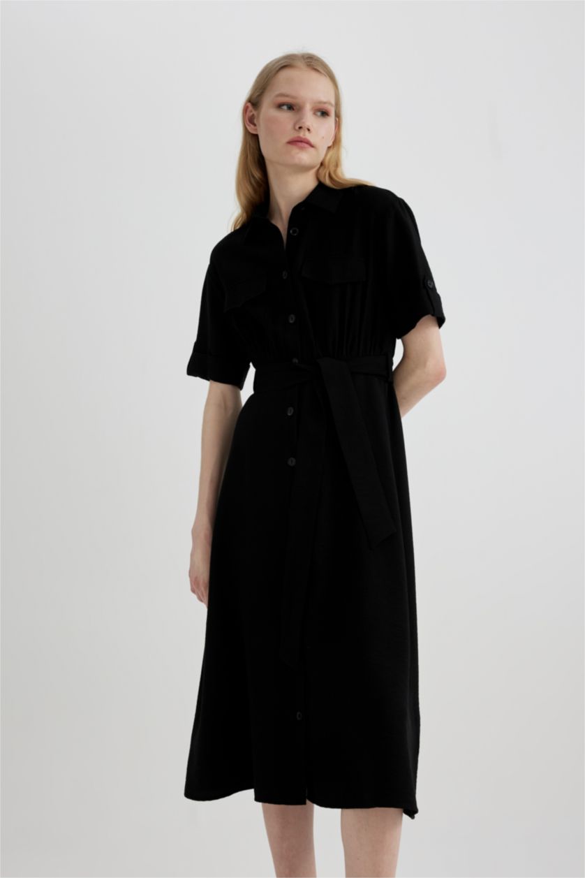 WOMAN Black Shirt Collar Short Sleeve Midi Dress
