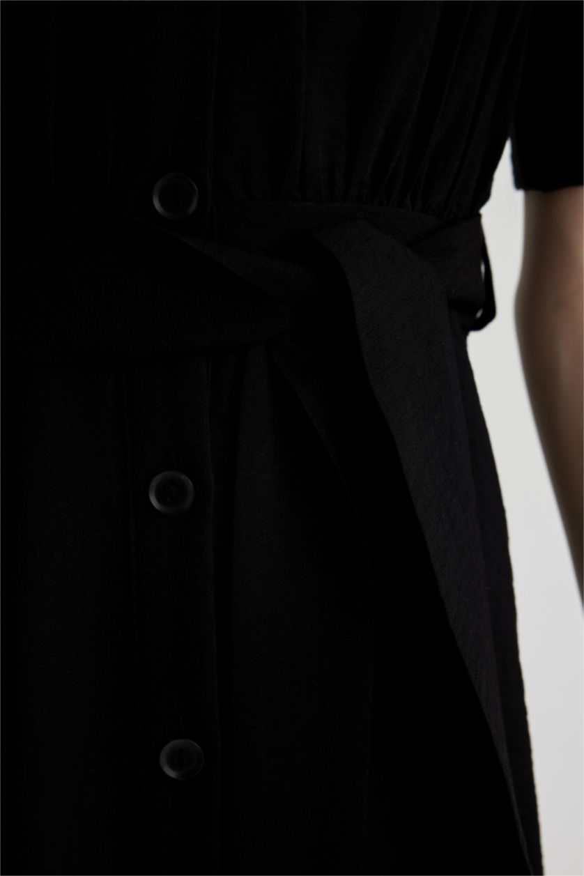 WOMAN Black Shirt Collar Short Sleeve Midi Dress