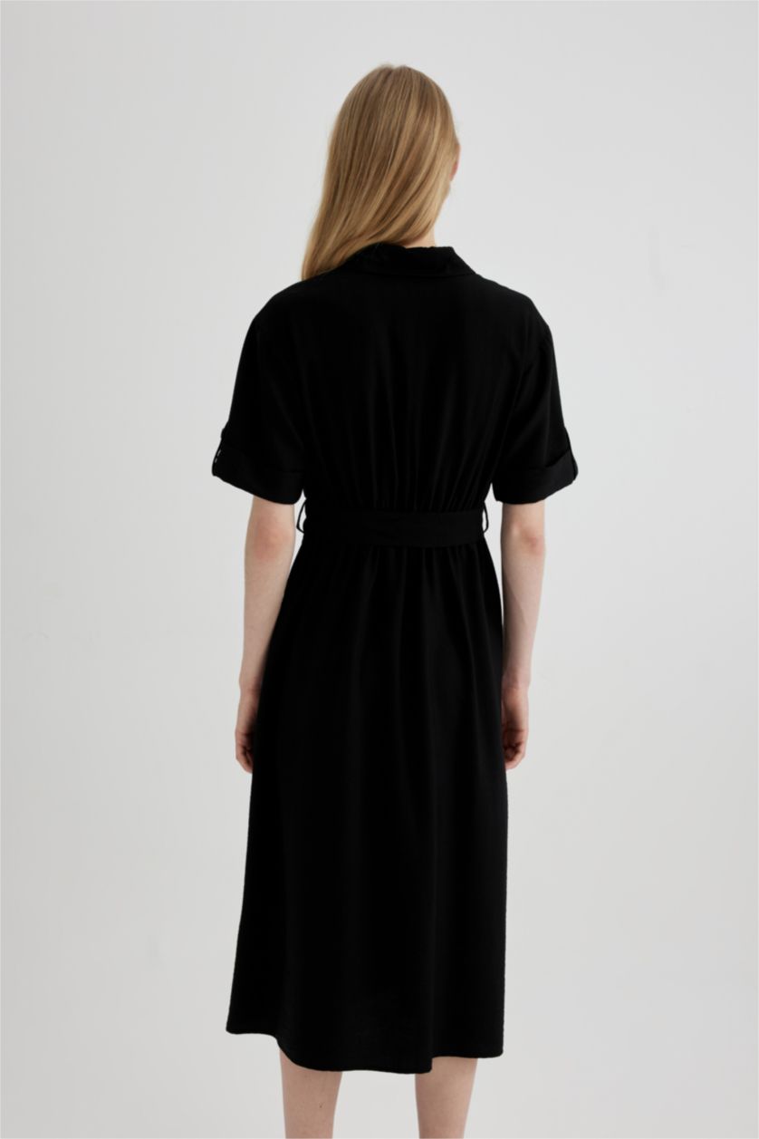 WOMAN Black Shirt Collar Short Sleeve Midi Dress