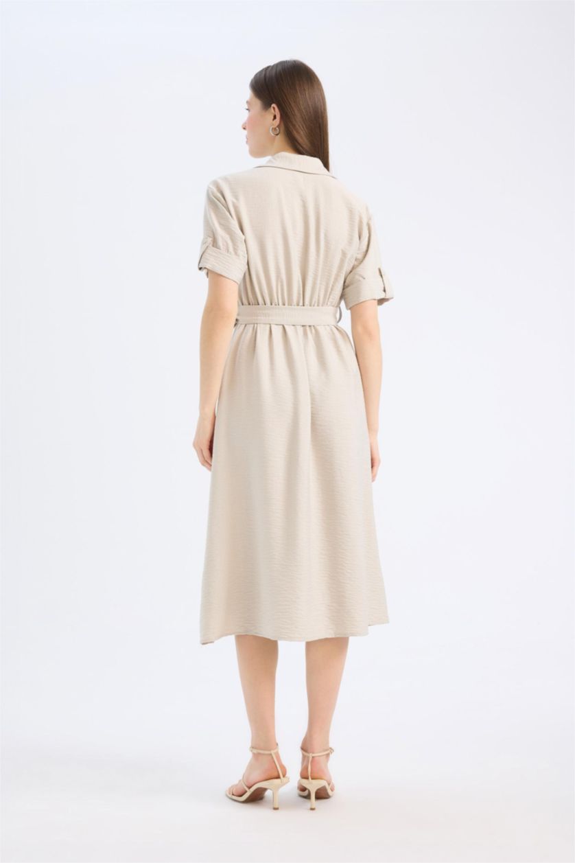 Kadın Bej Gömlek Yaka Kısa Kollu Midi Elbise