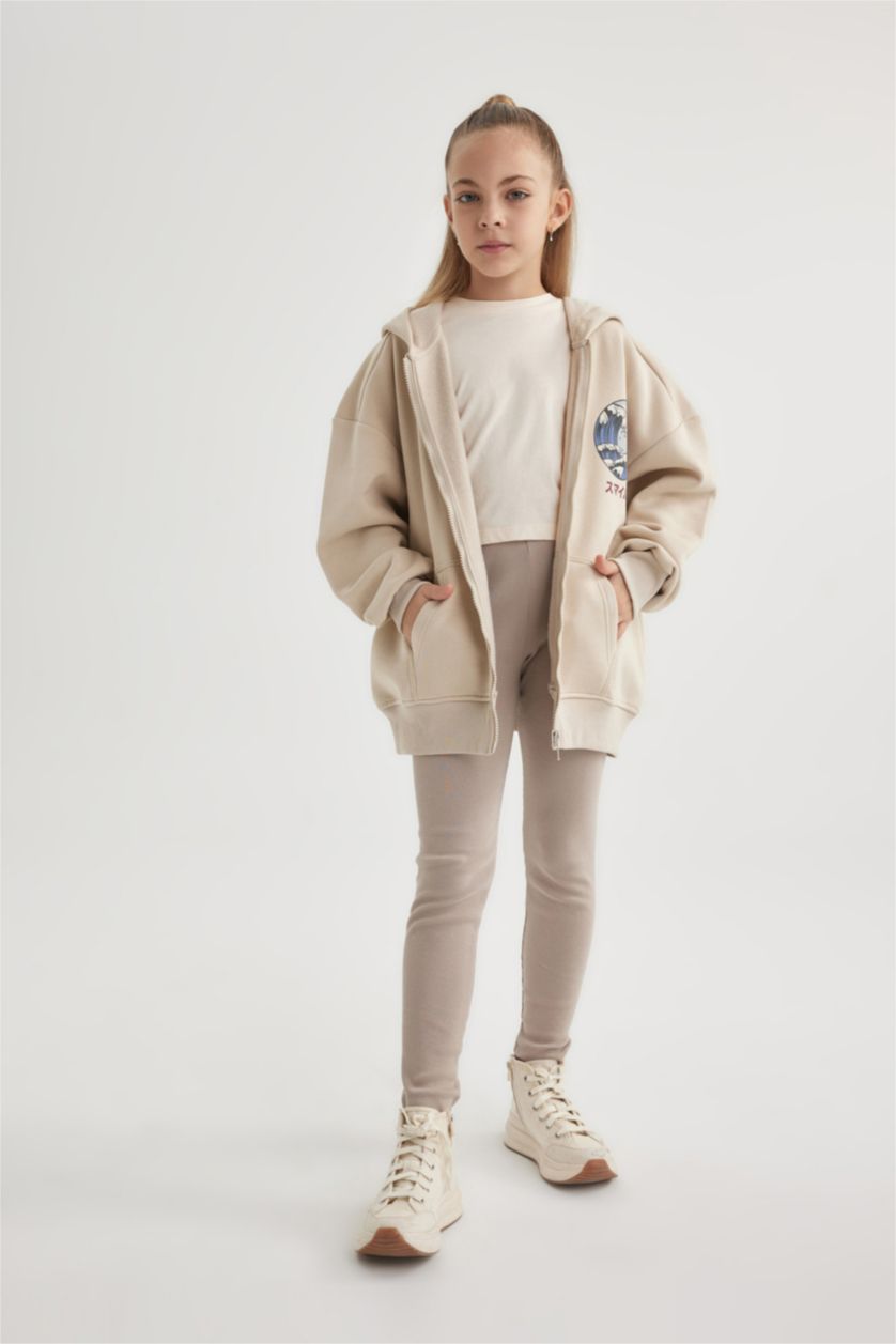 GIRLS & TEENS Beige Girl Thick Fabric Soft Sweat Cardigan Leggings 2 Piece Set