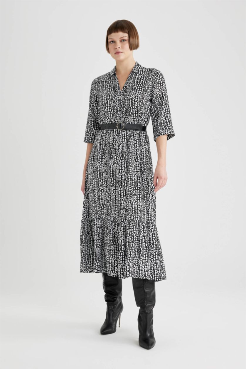 WOMAN Black Shirt Collar Printed Short Sleeve Midi Dress