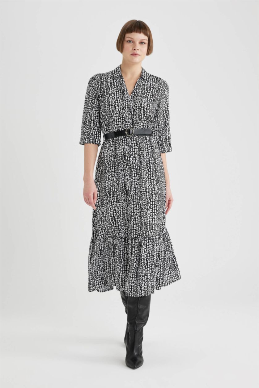 WOMAN Black Shirt Collar Printed Short Sleeve Midi Dress