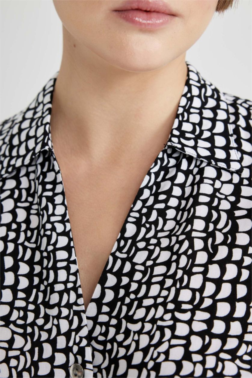 WOMAN Black Shirt Collar Printed Short Sleeve Midi Dress