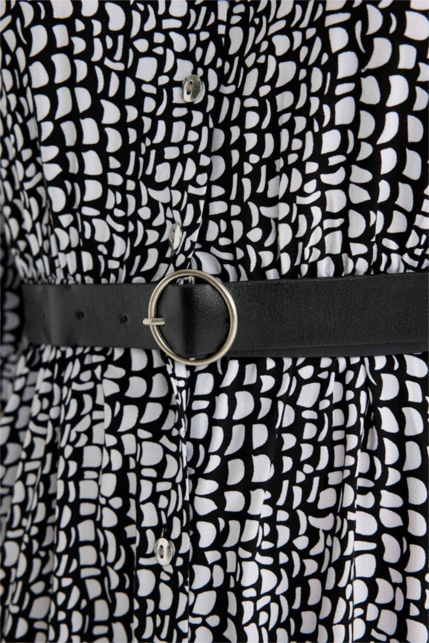 WOMAN Black Shirt Collar Printed Short Sleeve Midi Dress