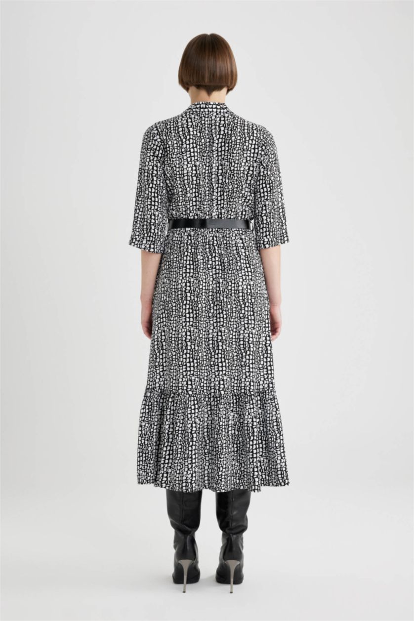 WOMAN Black Shirt Collar Printed Short Sleeve Midi Dress