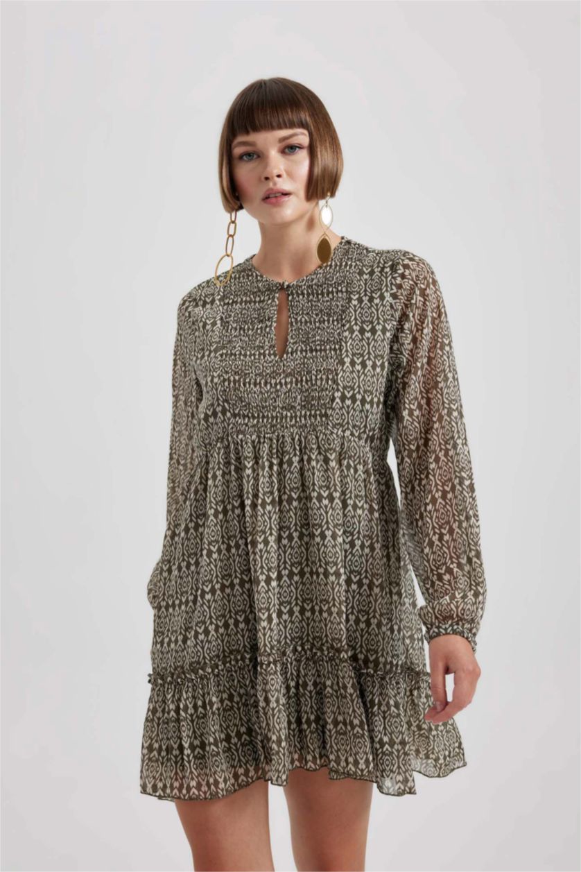 حريمي أخضر فستان قصير شيفون كم طويل بياقة مدورة