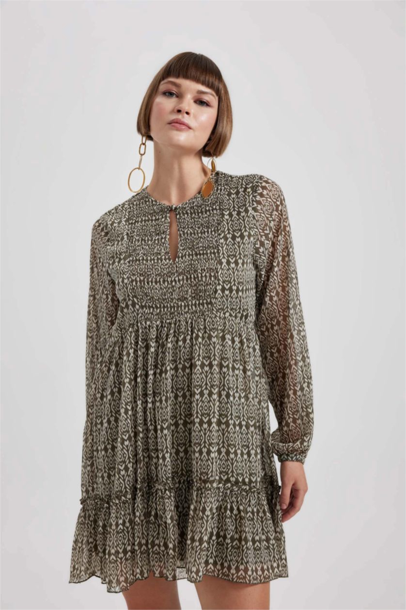 حريمي أخضر فستان قصير شيفون كم طويل بياقة مدورة