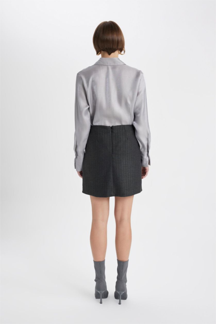 WOMAN Anthracite A Cut Knit Patterned Lined Normal Waist Mini Skirt