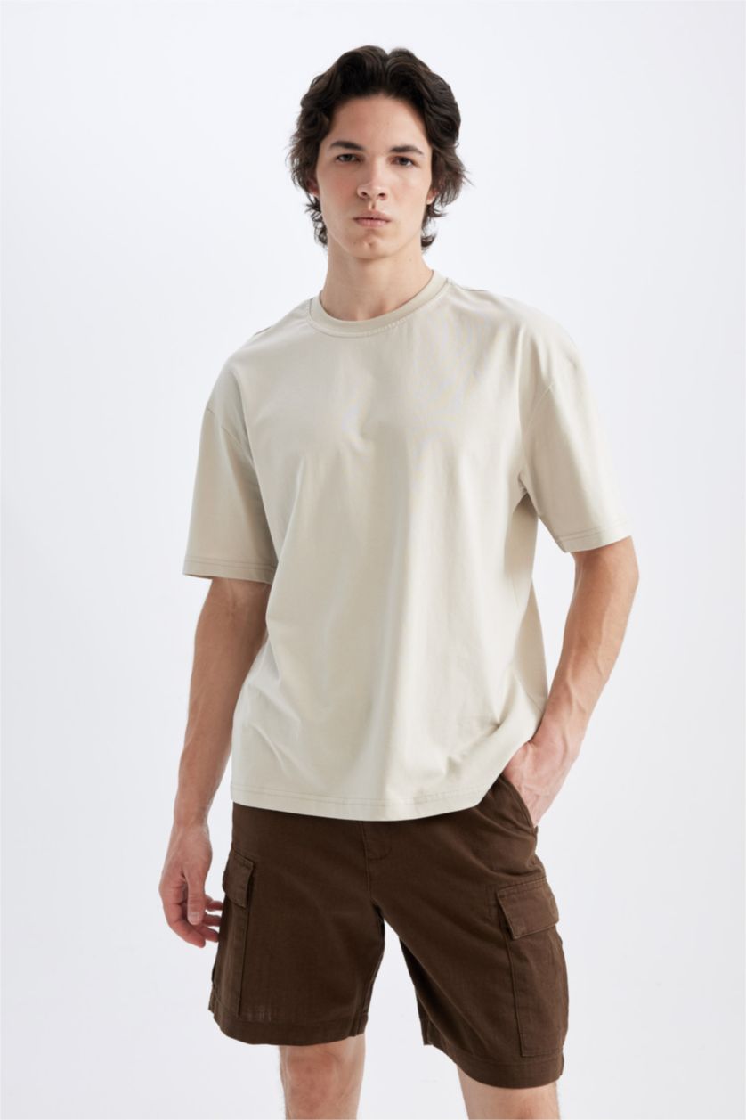 رجالي بني شورت قطن برمودا كارجو فيت ذو مظهر كتان