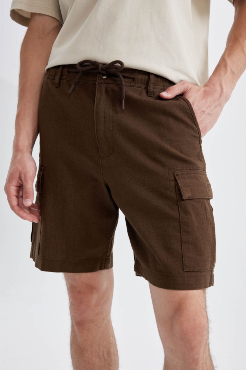 رجالي بني شورت قطن برمودا كارجو فيت ذو مظهر كتان