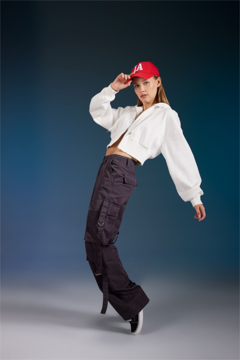 Kadın Antrasit Coool Wide Leg Geniş Paça Pantolon Kargo Cepli Düz Basic