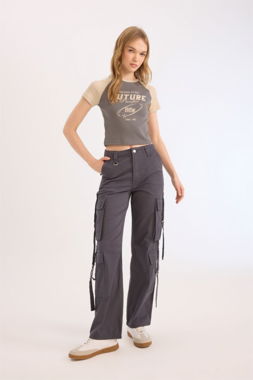 Kadın Antrasit Coool Wide Leg Geniş Paça Pantolon Kargo Cepli Düz Basic