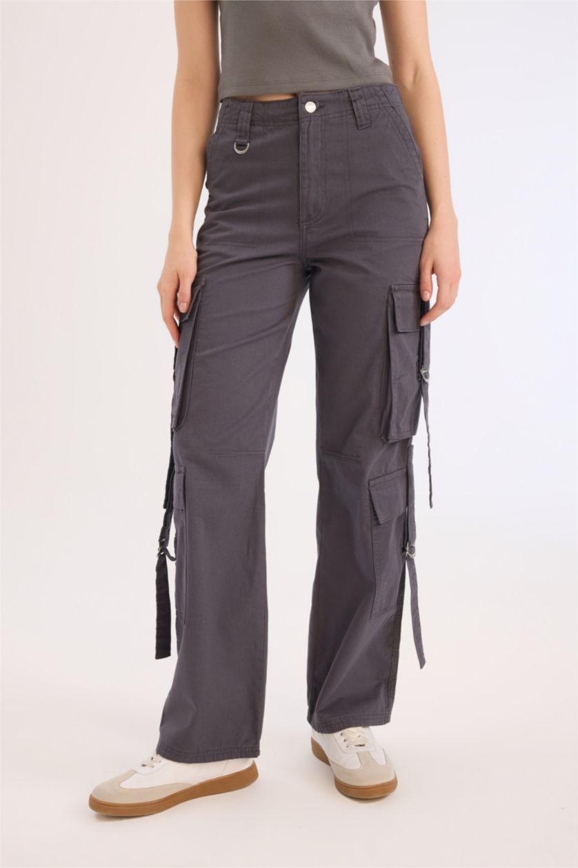 Kadın Antrasit Coool Wide Leg Geniş Paça Pantolon Kargo Cepli Düz Basic