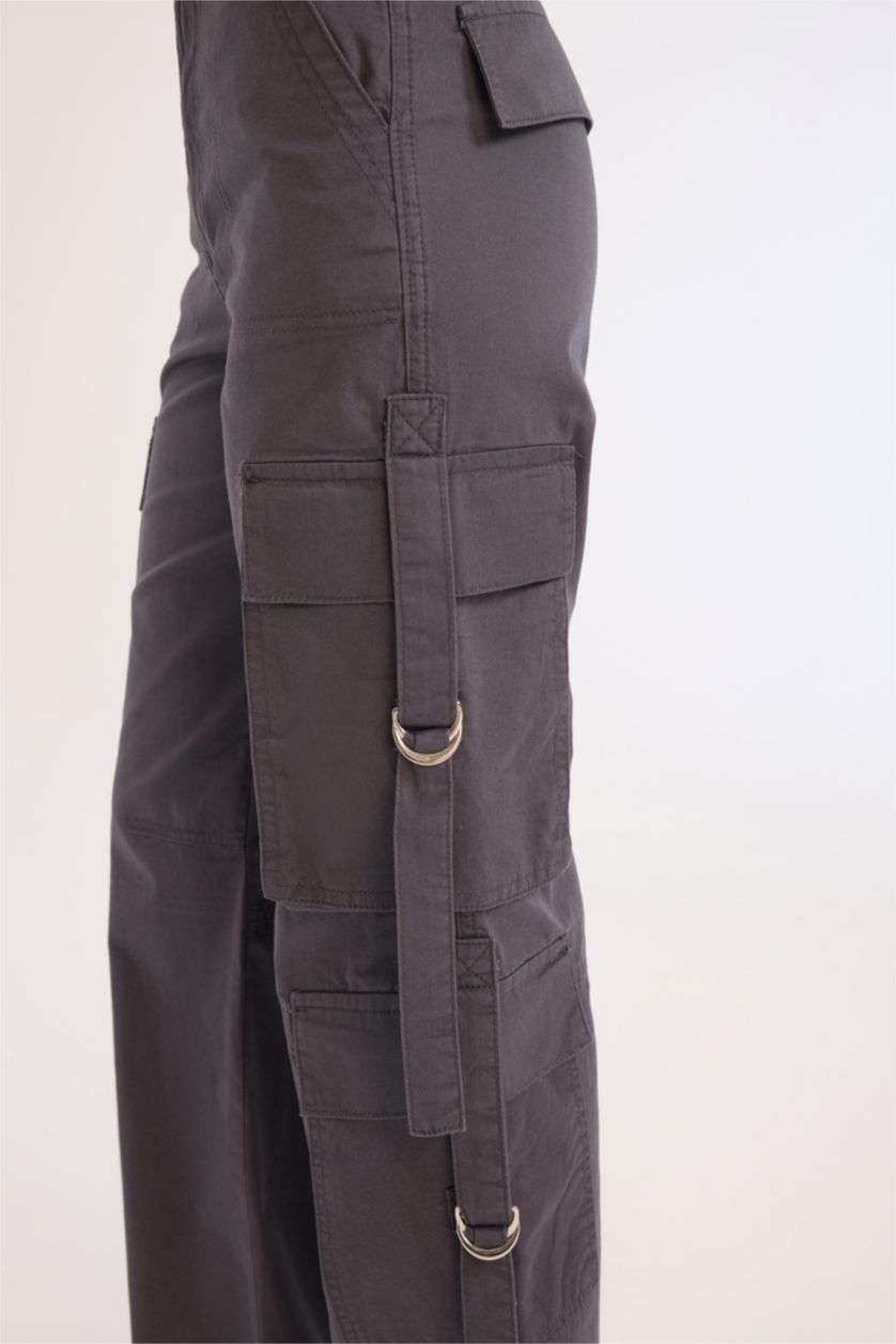 Kadın Antrasit Coool Wide Leg Geniş Paça Pantolon Kargo Cepli Düz Basic