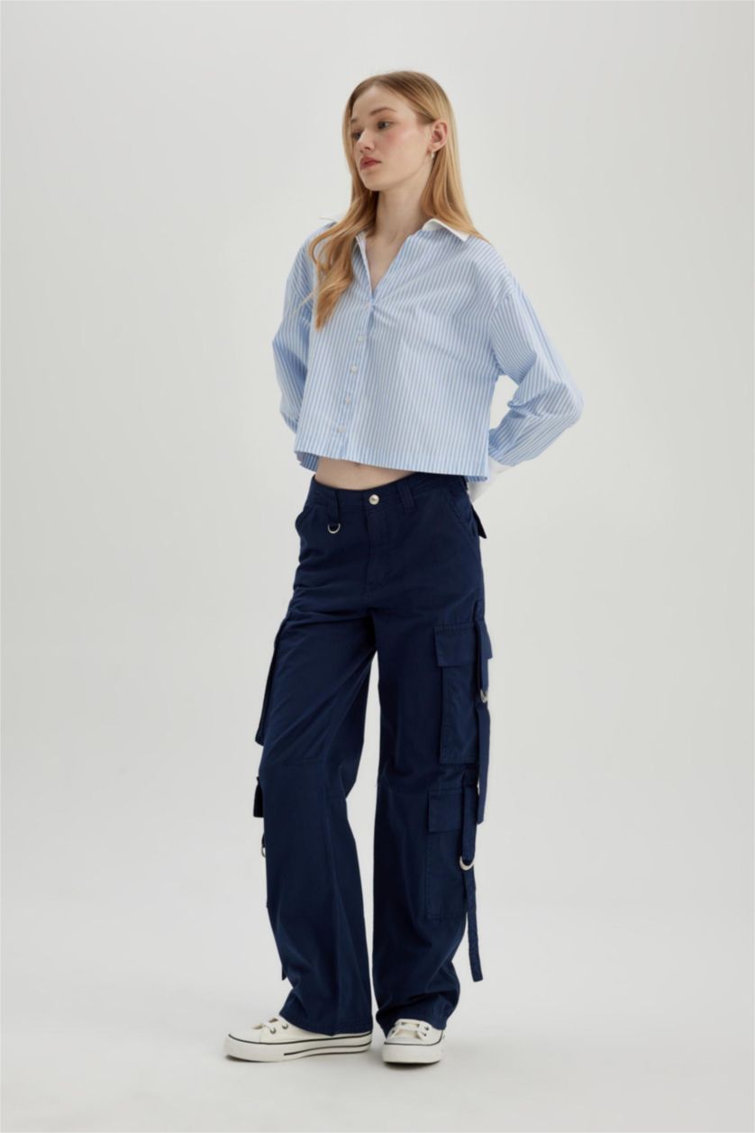 Kadın Lacivert Coool Wide Leg Geniş Paça Pantolon Kargo Cepli Düz Basic