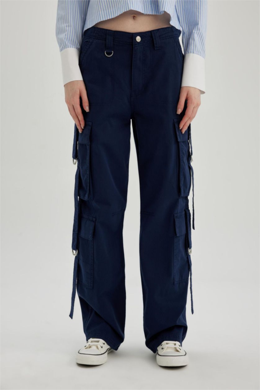 Kadın Lacivert Coool Wide Leg Geniş Paça Pantolon Kargo Cepli Düz Basic