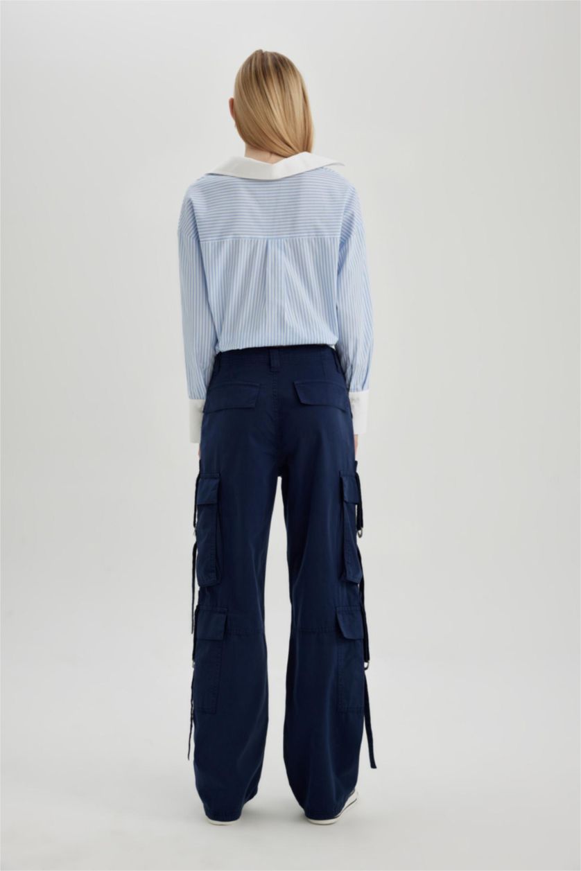 Kadın Lacivert Coool Wide Leg Geniş Paça Pantolon Kargo Cepli Düz Basic
